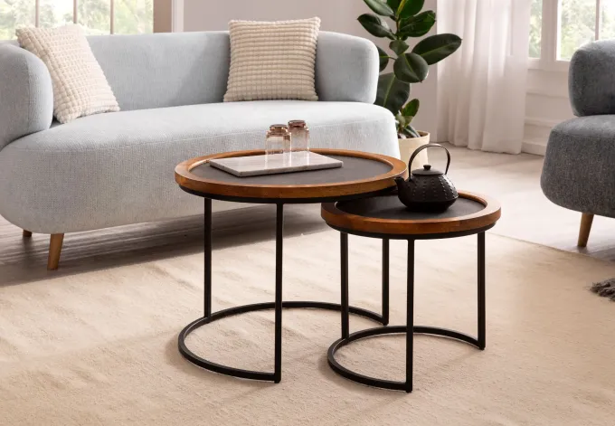 Couchtisch FineBuy Wohnzimmertisch 2er Set Rund Holz / Steinoptik Satztisch