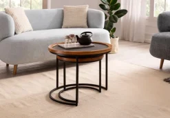 Couchtisch FineBuy Wohnzimmertisch 2er Set Rund Holz / Steinoptik Satztisch