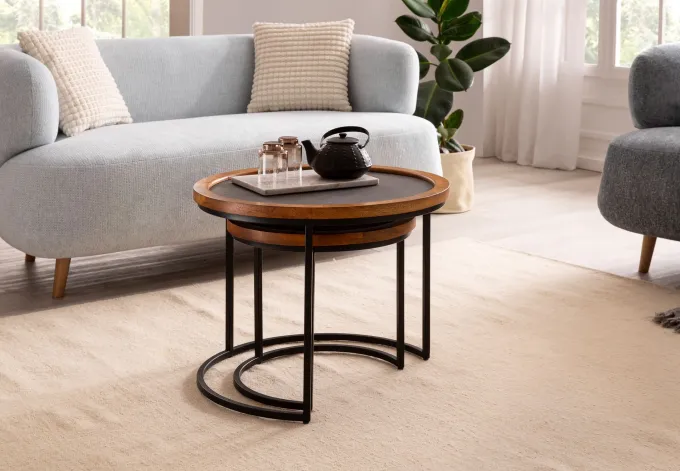 Couchtisch FineBuy Wohnzimmertisch 2er Set Rund Holz / Steinoptik Satztisch