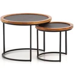 Couchtisch FineBuy Wohnzimmertisch 2er Set Rund Holz / Steinoptik Satztisch