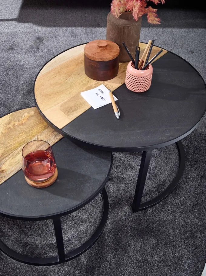 Couchtisch FineBuy Wohnzimmertisch 2 teilig Massivholz Rund Beistelltisch Tisch