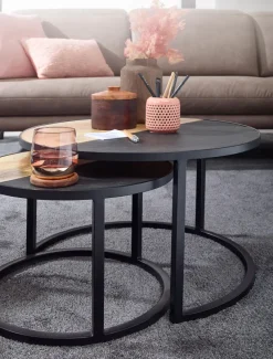 Couchtisch FineBuy Wohnzimmertisch 2 teilig Massivholz Rund Beistelltisch Tisch