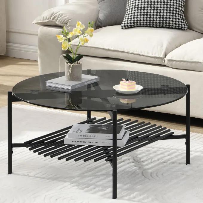 Couchtisch FineBuy Wohnzimmertisch Glas Metall 80 cm Schwarz Rund Sofatisch