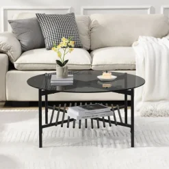 Couchtisch FineBuy Wohnzimmertisch Glas Metall 80 cm Schwarz Rund Sofatisch