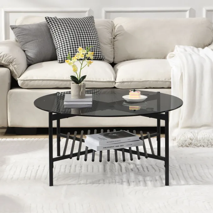 Couchtisch FineBuy Wohnzimmertisch Glas Metall 80 cm Schwarz Rund Sofatisch