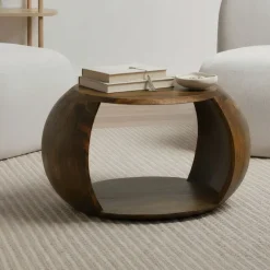 Couchtisch Mango Massivholz rund 60 cm Wohnzimmertisch Ablagefach Landhaus