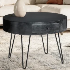 Couchtisch Mango Massivholz rund Ø 60 cm Wohnzimmertisch Schublade Schwarz