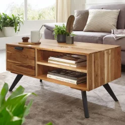 Couchtisch Massivholz 95cm Wohnzimmertisch rechteckig Schublade Industrial