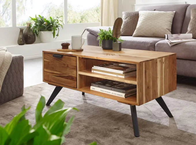Couchtisch Massivholz 95cm Wohnzimmertisch rechteckig Schublade Industrial
