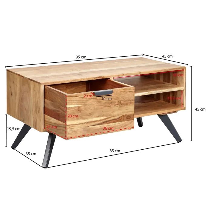 Couchtisch Massivholz 95cm Wohnzimmertisch rechteckig Schublade Industrial