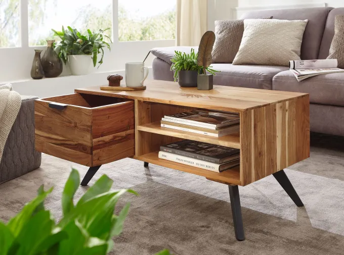 Couchtisch Massivholz 95cm Wohnzimmertisch rechteckig Schublade Industrial