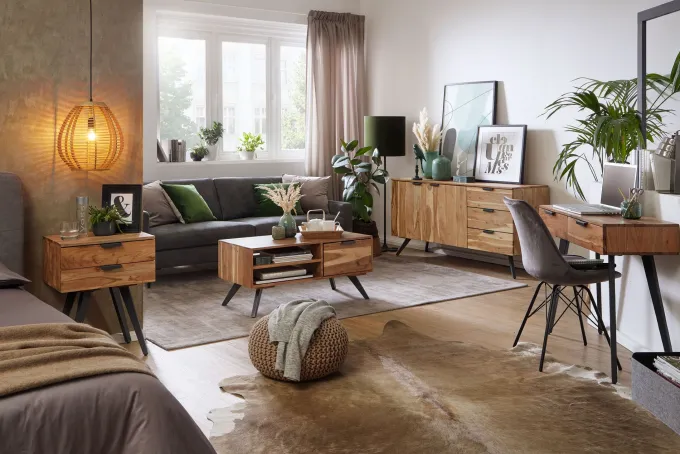 Couchtisch Massivholz 95cm Wohnzimmertisch rechteckig Schublade Industrial