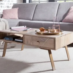 Couchtisch Massivholz rechteckig 95cm Wohnzimmertisch Schublade & Ablagefach