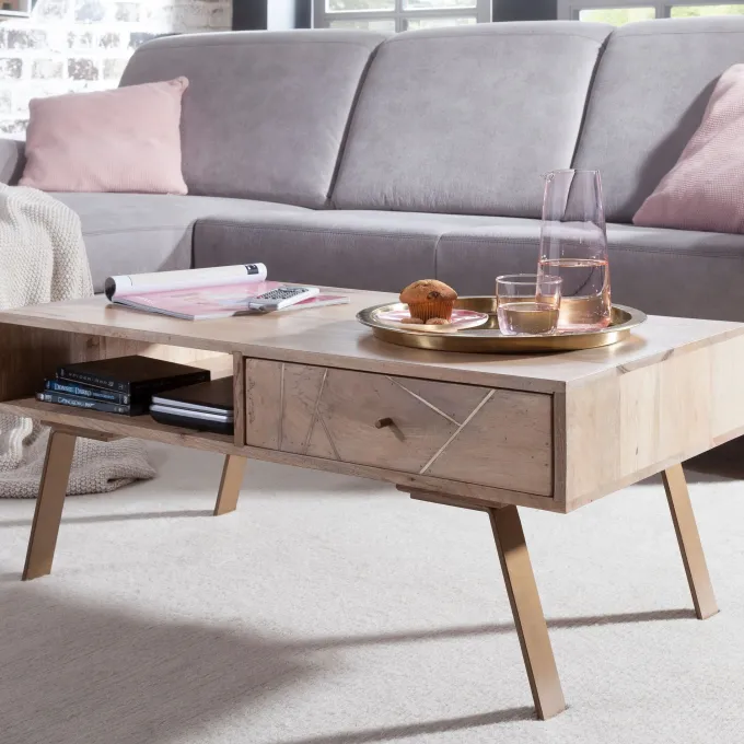 Couchtisch Massivholz rechteckig 95cm Wohnzimmertisch Schublade & Ablagefach