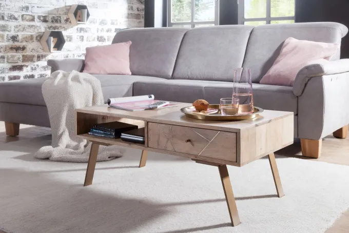 Couchtisch Massivholz rechteckig 95cm Wohnzimmertisch Schublade & Ablagefach