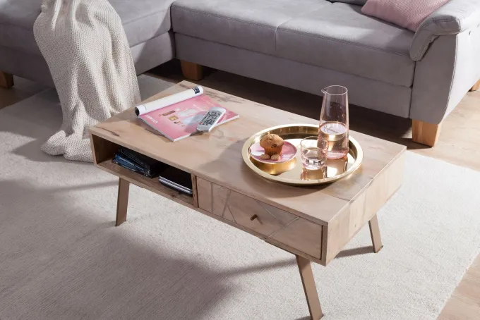 Couchtisch Massivholz rechteckig 95cm Wohnzimmertisch Schublade & Ablagefach