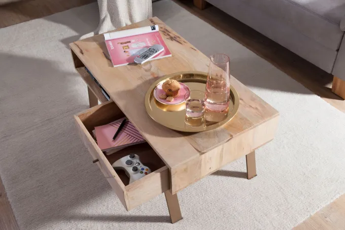 Couchtisch Massivholz rechteckig 95cm Wohnzimmertisch Schublade & Ablagefach