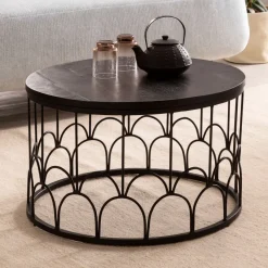Couchtisch Massivholz rund Ø60cm Schwarz Wohnzimmertisch Art-Deco Industrial