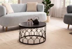 Couchtisch Massivholz rund Ø60cm Schwarz Wohnzimmertisch Art-Deco Industrial