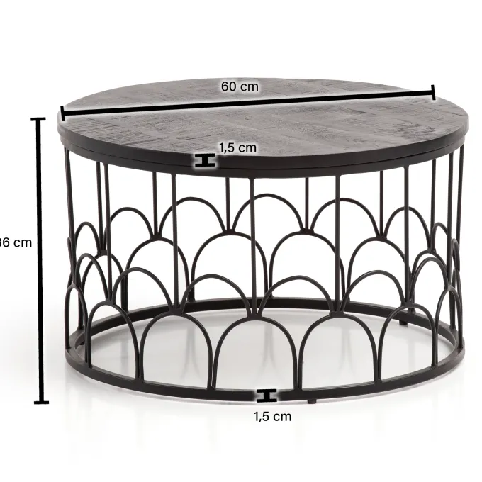 Couchtisch Massivholz rund Ø60cm Schwarz Wohnzimmertisch Art-Deco Industrial