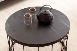 Couchtisch Massivholz rund Ø60cm Schwarz Wohnzimmertisch Art-Deco Industrial