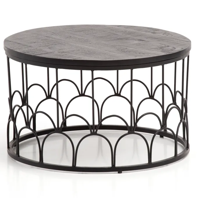 Couchtisch Massivholz rund Ø60cm Schwarz Wohnzimmertisch Art-Deco Industrial