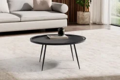 Couchtisch Massivholz rund Ø 75 cm Schwarz Moderner Wohnzimmertisch Metallbeine
