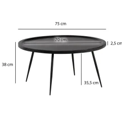 Couchtisch Massivholz rund Ø 75 cm Schwarz Moderner Wohnzimmertisch Metallbeine
