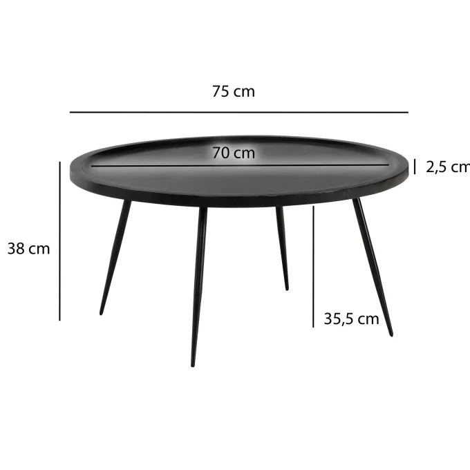 Couchtisch Massivholz rund Ø 75 cm Schwarz Moderner Wohnzimmertisch Metallbeine