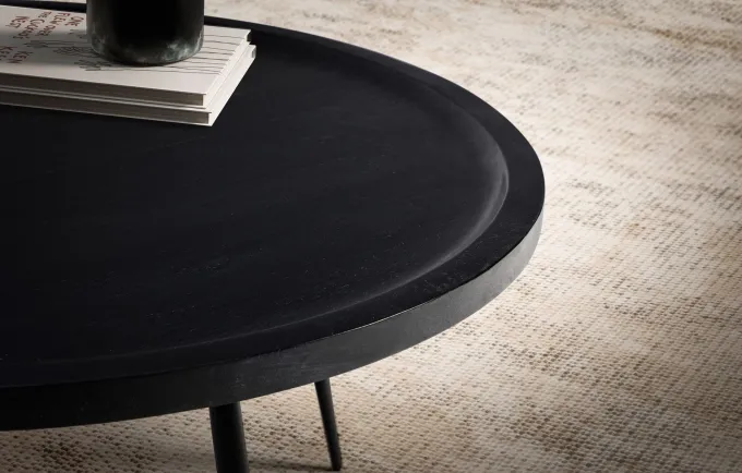 Couchtisch Massivholz rund Ø 75 cm Schwarz Moderner Wohnzimmertisch Metallbeine