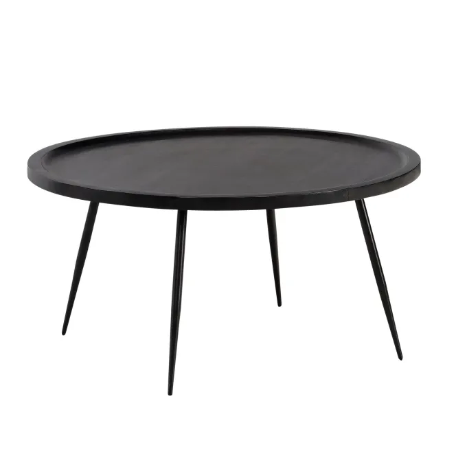 Couchtisch Massivholz rund Ø 75 cm Schwarz Moderner Wohnzimmertisch Metallbeine