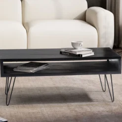Couchtisch Massivholz schwarz 100cm rechteckig Wohnzimmertisch Ablage Industrial