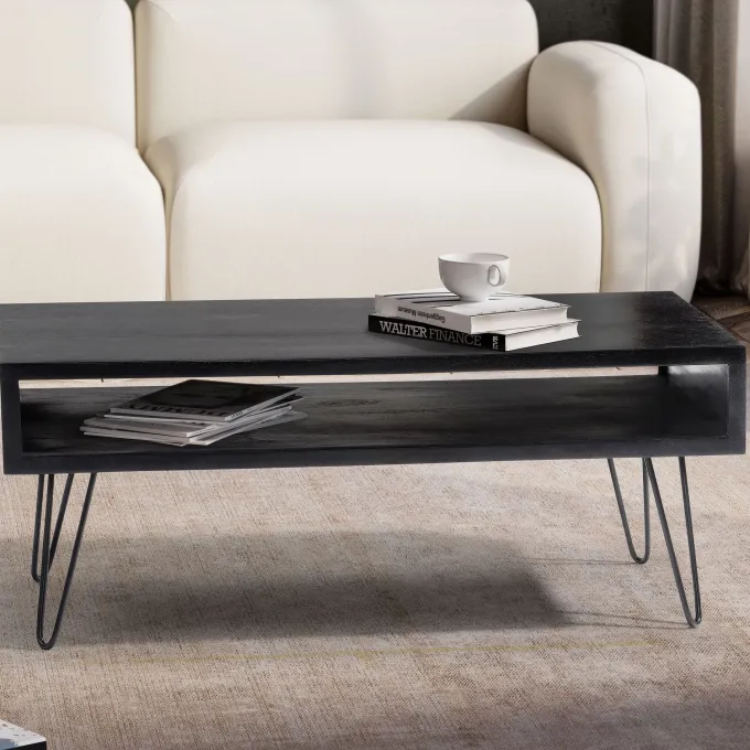 Couchtisch Massivholz schwarz 100cm rechteckig Wohnzimmertisch Ablage Industrial