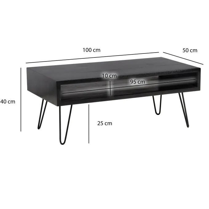 Couchtisch Massivholz schwarz 100cm rechteckig Wohnzimmertisch Ablage Industrial