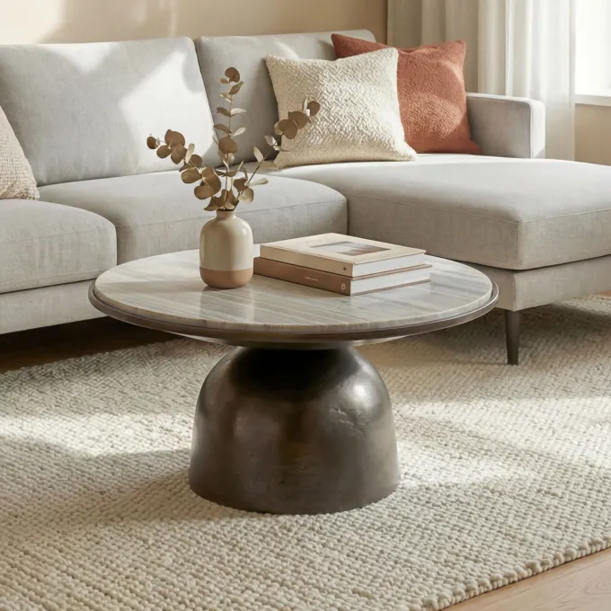 Couchtisch mit Marmor Platte weiß Wohnzimmertisch Sofatisch Metall rund 60cm