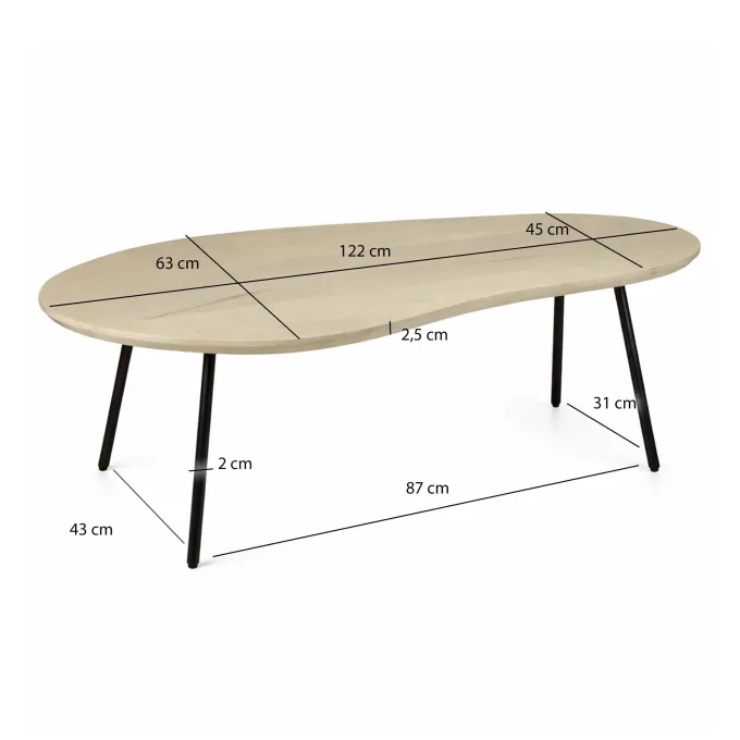 Couchtisch Nierenform 122cm Massivholz white wash Wohnzimmertisch Beistelltisch