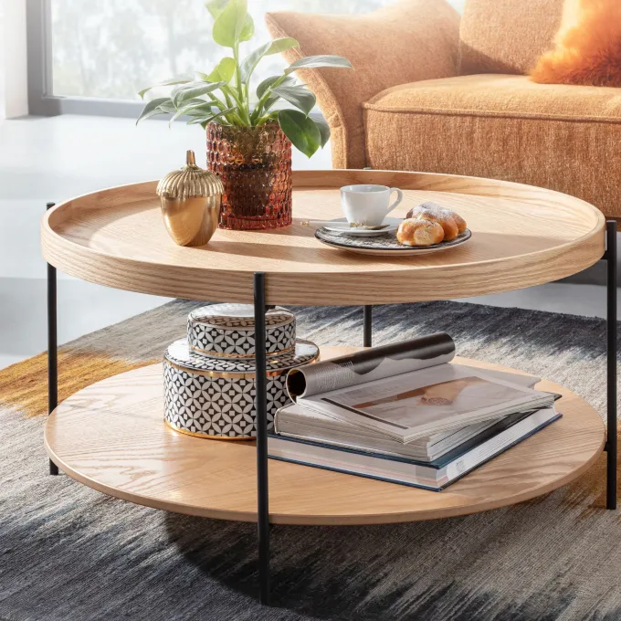 Couchtisch Rund 80cm Skandinavisches Eiche Design Wohnzimmertisch mit Ablage