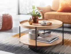 Couchtisch Rund 80cm Skandinavisches Eiche Design Wohnzimmertisch mit Ablage