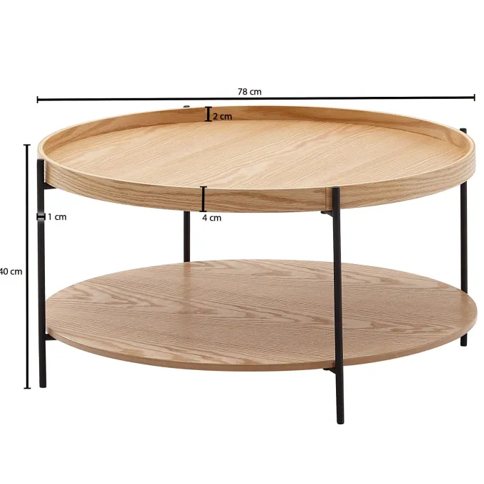 Couchtisch Rund 80cm Skandinavisches Eiche Design Wohnzimmertisch mit Ablage