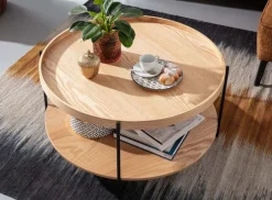 Couchtisch Rund 80cm Skandinavisches Eiche Design Wohnzimmertisch mit Ablage
