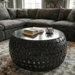 Couchtisch rund 65cm Sofatisch Aluminium schwarz Metall Marmor Wohnzimmertisch