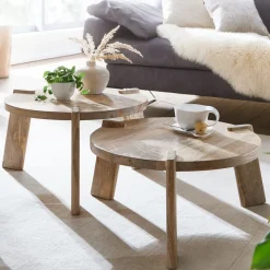 Couchtisch Set 2er Massivholz rund Wohnzimmertisch Beistelltisch Satztische