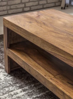 Couchtisch Sheesham Massivholz 110cm Rechteckiger Wohnzimmertisch mit Ablage