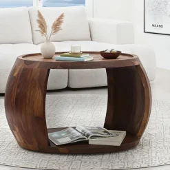 Couchtisch Sheesham Massivholz rund 60 cm Wohnzimmertisch Ablagefach Landhaus