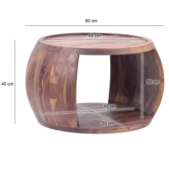 Couchtisch Sheesham Massivholz rund 60 cm Wohnzimmertisch Ablagefach Landhaus