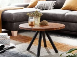 Couchtisch Sheesham Massivholz rund Ø60cm Wohnzimmertisch Metallbeine Industrial