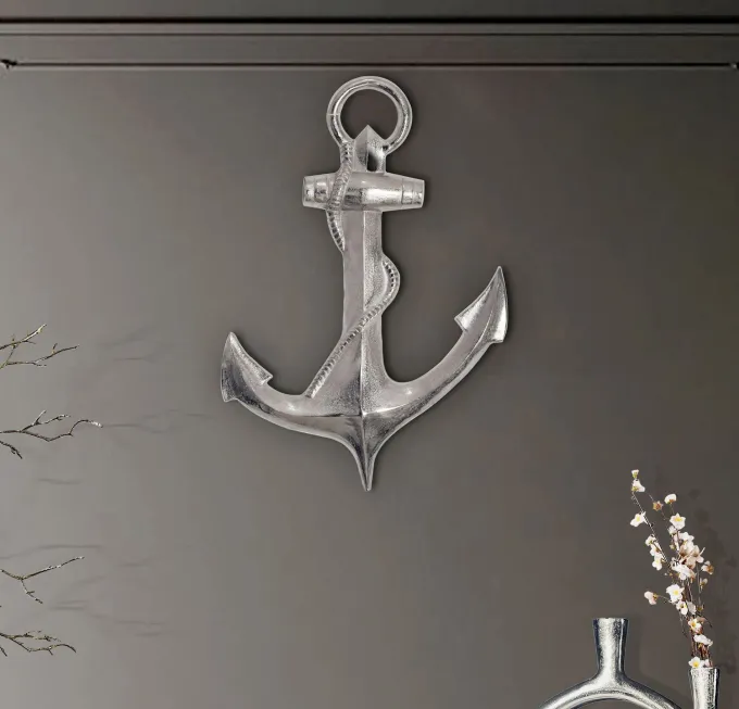 Deko Anker FineBuy Wanddeko 70 cm Silber XXL Maritim Aluminium Modern Wohndeko