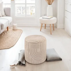Dekohocker FineBuy Sitzhocker mit Stauraum Baumwolle rund 40x45 cm Beige Boho