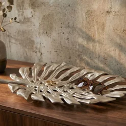 Dekoschale Metall 36cm Blatt Standdeko Design Tischdeko Obstschale Deko Alu