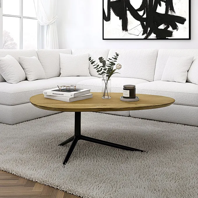 Design Couchtisch Akazie Massivholz 87cm oval Wohnzimmertisch Metallgestell